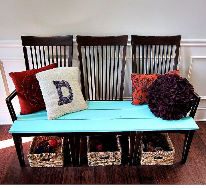 repurpose old kitchen chairs, painted furniture, beautiful new bench for our foyer created from 3 ugly kitchen chairs