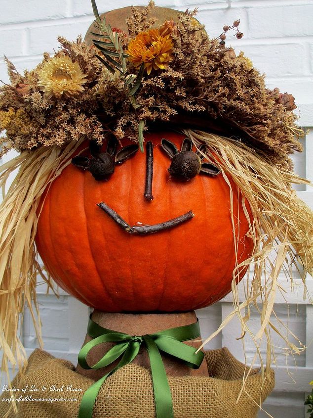 fall is in the air, flowers, gardening, seasonal holiday d cor, wreaths, Pumpkin Lady with twigs acorns and seeds for facial features rafia hair topped by a flower pot hat and old dried wreath