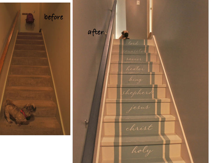 stairway to heaven we removed our old stained carpet and updated with paint pattern, home decor, painting, stairs, Before and After stairway to heaven by Bella Tucker Decorative Finishes