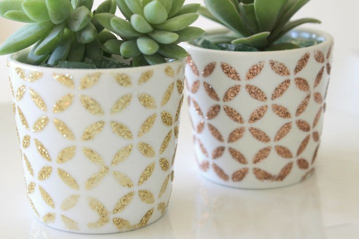 little succulent pots, crafts, decoupage, flowers, gardening, home decor, succulents, A touch of gold with Mod Podge stencils and glitter