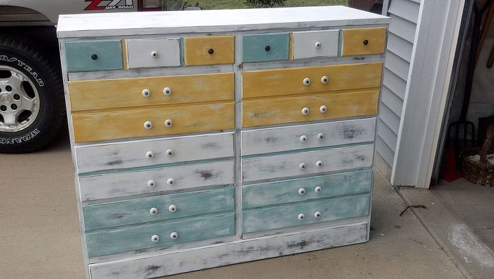 curbside redo tv console or dresser, painted furniture, Here is the after with a splash of color with a bit of a worn look