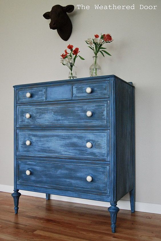a layered blue milk paint dresser, painted furniture, The Weathered Door A Layered Blue Dresser and a Happy Accident