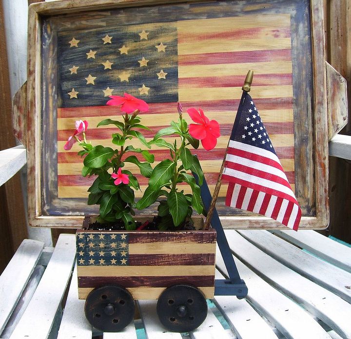 scrap wood usa sign, crafts, patriotic decor ideas, seasonal holiday decor, Thrifty little wagon