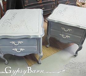 endtables different looks with oh so slightly different techniques, home decor, painted furniture, Two other tables I went grey tones and chose to chip the Eiffel tower out of the paint for the design on these two