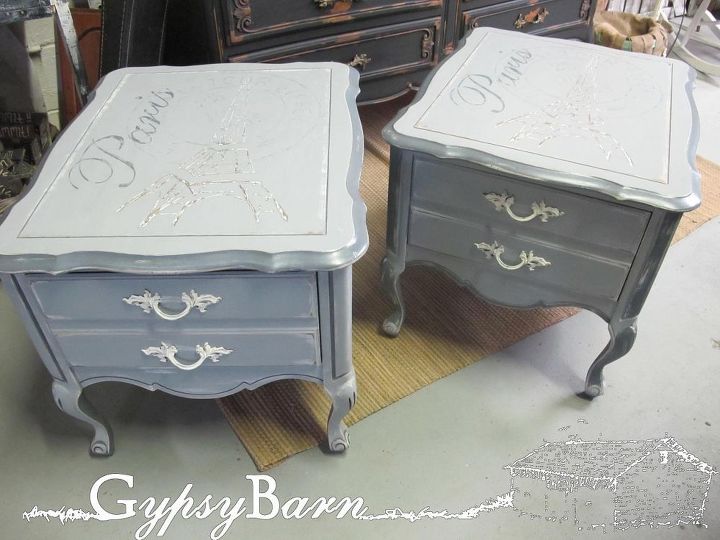 endtables different looks with oh so slightly different techniques, home decor, painted furniture, Two other tables I went grey tones and chose to chip the Eiffel tower out of the paint for the design on these two