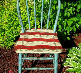patriotic chair decor, chalk paint, painted furniture, Then I free handed some waves with Annie Sloan s Old Ochre and Emperor s Silk I love chalk paint no sanding or priming needed