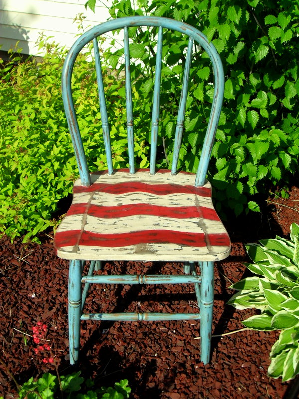 patriotic chair decor, chalk paint, painted furniture, Then I free handed some waves with Annie Sloan s Old Ochre and Emperor s Silk I love chalk paint no sanding or priming needed