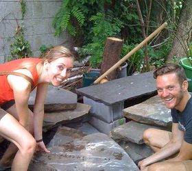 diy pond and slate project, diy, gardening, ponds water features, urban living, Garden members Kat and Ryan pitch in with muscle and will power to bring these heavy slate slabs over to the pond