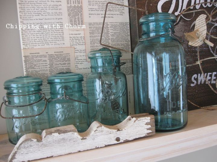 spring mantel aqua glass jars and junk, home decor