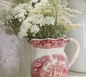 how to create a summertime mantel for free, flowers, home decor, A small pink and white Staffordshire pitcher filled with more lacy blooms