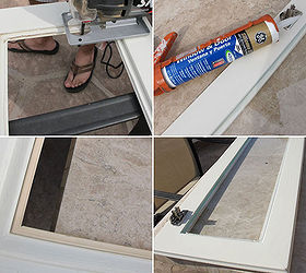 how to install glass to your kitchen cabinets, kitchen cabinets, kitchen design, 1 Remove the center panel 2 Add a very small piece of molding to hide all the rough cuts and paint 3 Run a single bead of clear silicone 4 Press the pane of glass into the groove let it dry overnight Add a simple plastic frame clip