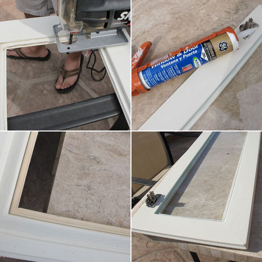 how to install glass to your kitchen cabinets, kitchen cabinets, kitchen design, 1 Remove the center panel 2 Add a very small piece of molding to hide all the rough cuts and paint 3 Run a single bead of clear silicone 4 Press the pane of glass into the groove let it dry overnight Add a simple plastic frame clip