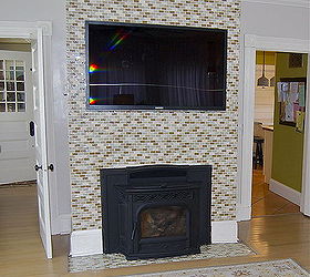 how to tile a wall the easy way, home decor, kitchen backsplash, tiling, Tile accent wall I did this working around and up to the tv mount since the television hides the edge around the mount