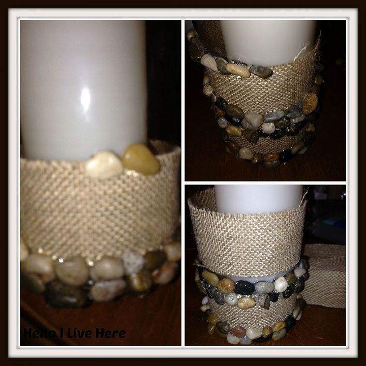 easy diy vase candle set, crafts, Adding burlap and polished rock with hot glue gun