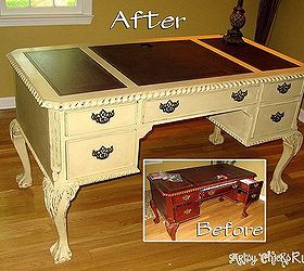 tired old furniture change it up chalk paint style, chalk paint, painted furniture, Beat up tired old desk transformed with a little chalk paint for a bright new fun decorative piece