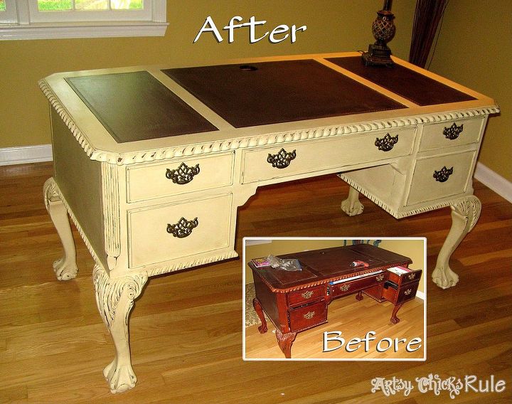tired old furniture change it up chalk paint style, chalk paint, painted furniture, Beat up tired old desk transformed with a little chalk paint for a bright new fun decorative piece