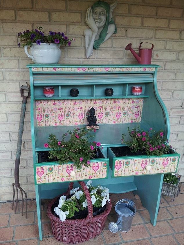 old desk blossom s with new life, gardening, painted furniture, repurposing upcycling