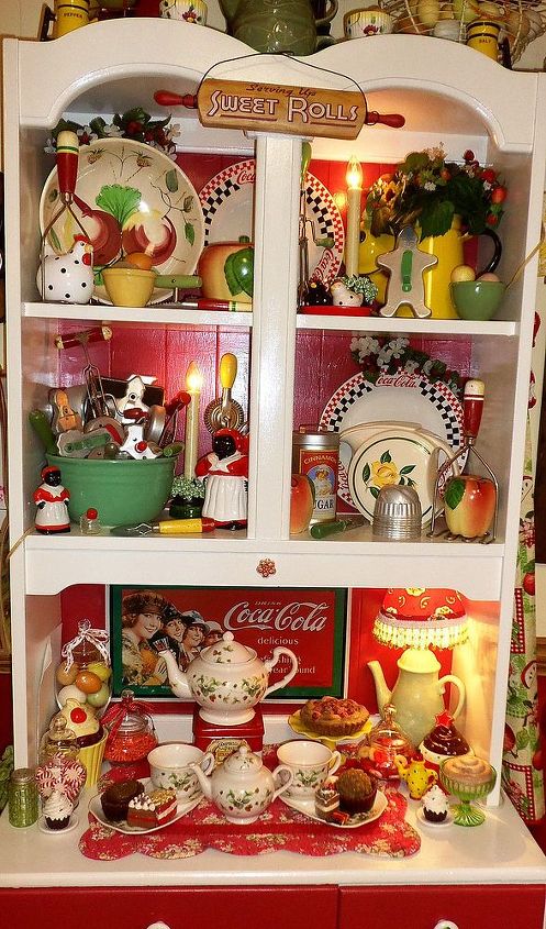 my kitchen decorated for the summer, kitchen design, patriotic decor ideas, seasonal holiday decor, Love to display Vintage and Vintage looking items in this hutch which was once part of a bedroom furniture set