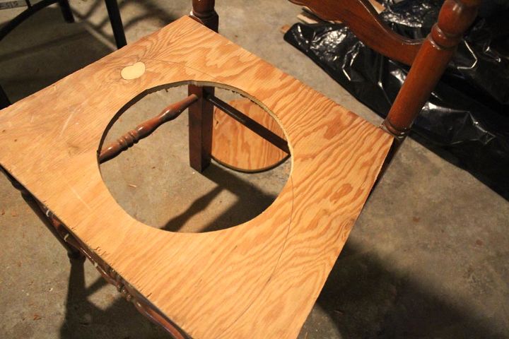 chair for charity creation, christmas decorations, repurposing upcycling, seasonal holiday decor, Missing the seat on it so I simply cut this out of some plywood and created the hole to be able to sink other plants into for future use