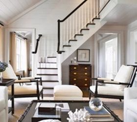 black trim is the simplest way to a stylish classic look, fireplaces mantels, home decor, Black steps handrails armchair and coffee table define this room