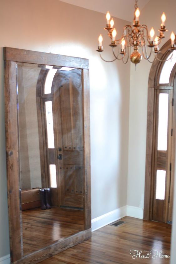 rustic entry mirror, foyer, home decor, repurposing upcycling, woodworking projects, The mirror is oversize and beautifully reflects light in our entry