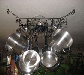 diy hanging pot pan rack, kitchen design, repurposing upcycling, storage ideas, Hanging from the ceiling with all the pots pans on There s even room at the top for the lids and steamer basket