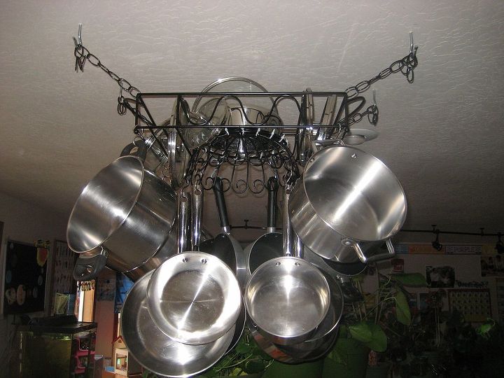 diy hanging pot pan rack, kitchen design, repurposing upcycling, storage ideas, Hanging from the ceiling with all the pots pans on There s even room at the top for the lids and steamer basket