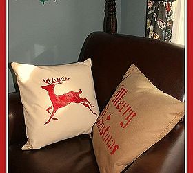 plain goodwill pottery barn pillows transformed into christmas pillows, crafts, seasonal holiday decor, The finished Christmas Pillows transformed with a little paint and a stencil easyupdate