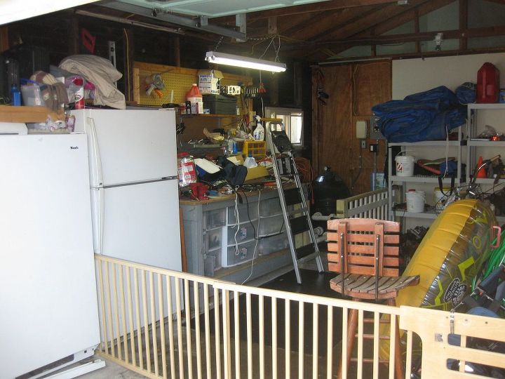garage converted into pool house, freezers and tool bench would be moved to other wall