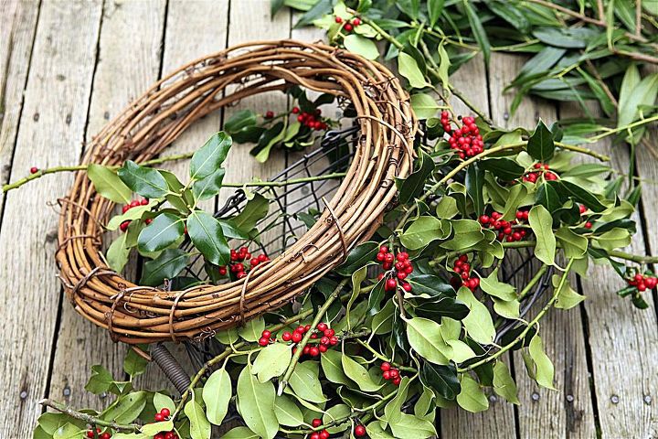 making a fresh evergreen wreath, crafts, doors, flowers, gardening, hydrangea, seasonal holiday decor, wreaths, Start by gathering your materials grapevine wreath twine scissors greenery and pruners