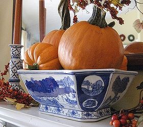 my fall mantel blue white with bittersweet and pumpkins, seasonal holiday d cor, wreaths, Blue and orange not your usual fall colors