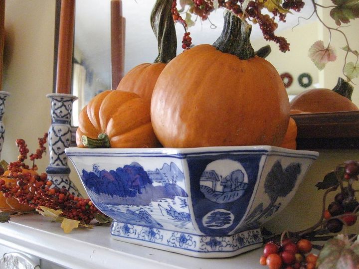 my fall mantel blue white with bittersweet and pumpkins, seasonal holiday d cor, wreaths, Blue and orange not your usual fall colors
