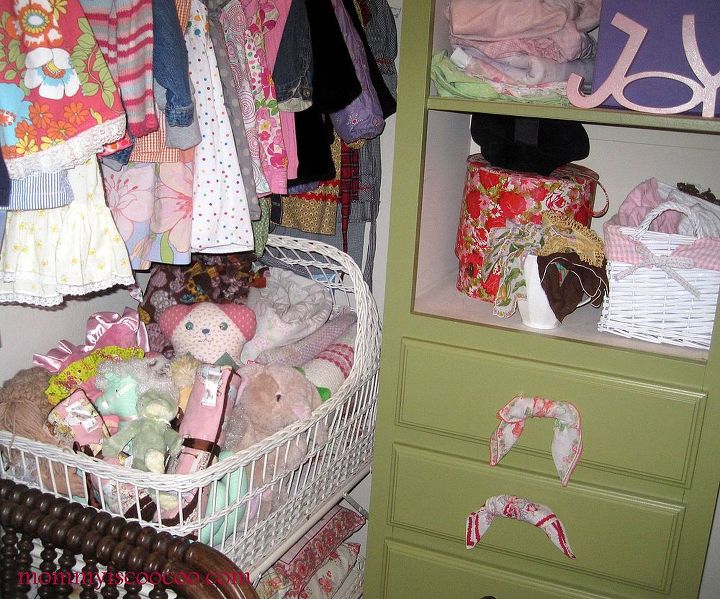 a closet transformation it s a girl pearl s closet before amp after, closet, home decor, Vintage baby cradle and Old Hankie s as drawer pulls