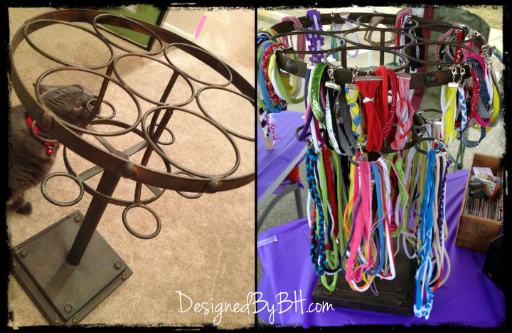 everyday item product display ideas, crafts, A shot of bracelets and necklaces displayed on a rustic looking wine rack