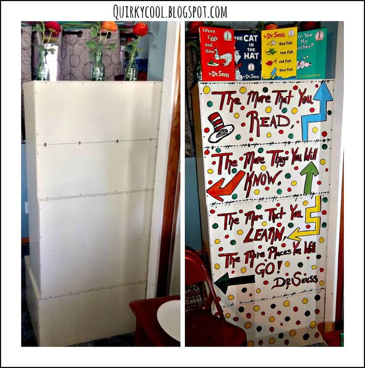 an upcycled boring bookcase for a kids book nook, bedroom ideas, crafts, diy, painting, repurposing upcycling, storage ideas, A before and after of an ugly old bookcase turned Dr Seuss inspired for a children s book nook