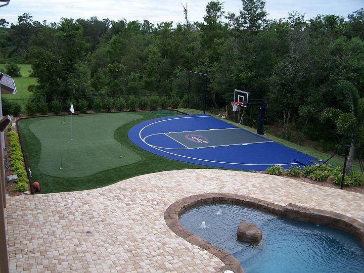 putting greens, landscape, outdoor living, Dare to be different Use several artificial sport turfs Check out how this home did both a putting green and a basketball court