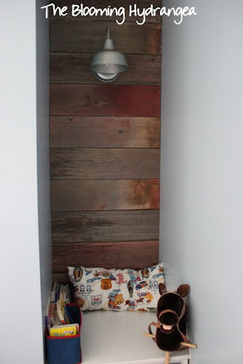 little boy book nook with barn wood, bedroom ideas, home decor, The barn light is from Lowes
