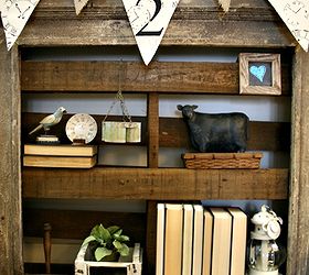 a faux fireplace with pallet shelving, fireplaces mantels, pallet, shelving ideas, pallet shelving in old mantel fireplace surround