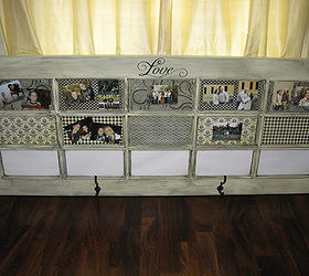 old door turned message center, diy, repurposing upcycling, Door with scrapbook paper pictures and hooks added