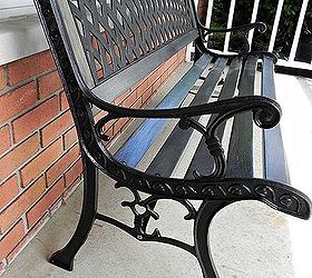 restoring an outdoor bench with colored stain, outdoor furniture, painted furniture, The ironwork got a protective coat of rust proofing spray paint