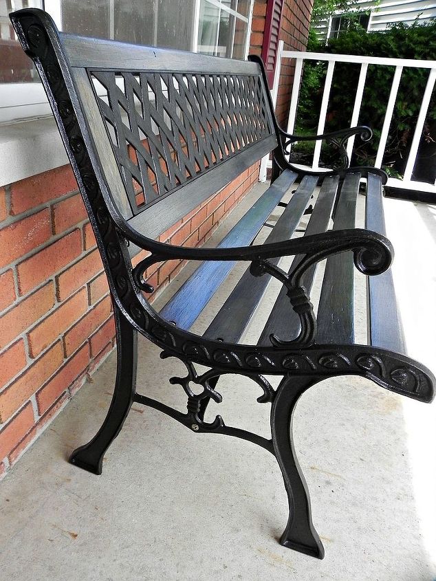 restoring an outdoor bench with colored stain, outdoor furniture, painted furniture, The ironwork got a protective coat of rust proofing spray paint