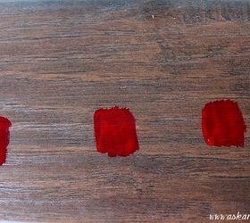 how to remove nail polish from hardwood amp laminate floors, cleaning tips, hardwood floors, I painted three swatches of bright red polish on a scrap of flooring to see which product would take it off