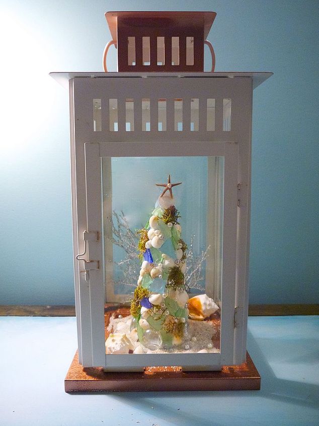 shell and sea glass christmas tree, christmas decorations, seasonal holiday decor, the tree gets a holiday glow with flameless votives popped inside