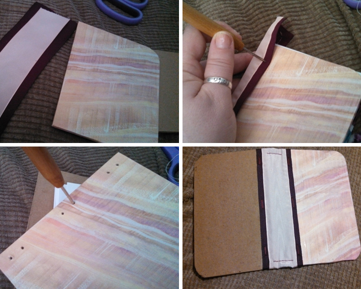 handbound journal or book binding, crafts, decoupage, placing the raw book inside covers fit the spine over the edge of book Mark with your Awl where to punch hole Then Punch holes through smooth reverse of hole flat Glue and sew the ribbon to cover Repeat for back cover