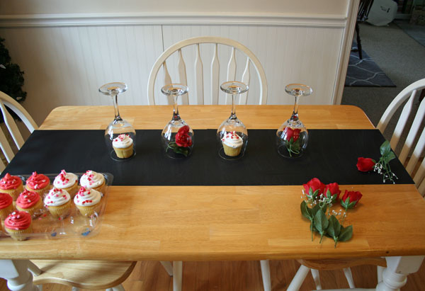 diy valentine s day table, painted furniture, seasonal holiday decor, valentines day ideas, Arrange your wine glasses upside down the way you want