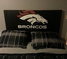 pallet signs, diy, home decor, painted furniture, pallet, repurposing upcycling, woodworking projects, Broncos headboard for my son this is on pine boards though