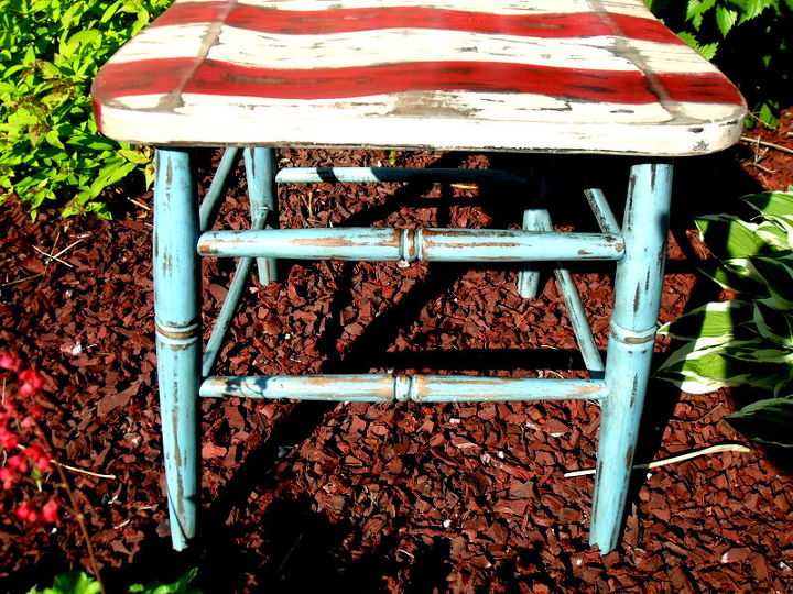 patriotic chair decor, chalk paint, painted furniture, I glazed it with Valspar s Antiquing Glaze and sealed it with Annie Sloan s Clear Wax