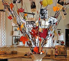 our revamped kitchen, home decor, kitchen backsplash, kitchen design, seasonal holiday decor, Our Fall Family Tree created from branches some lit family pictures and sayings as well as leaves that I hot glued to various branches