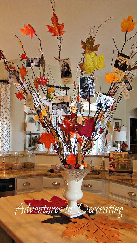 our revamped kitchen, home decor, kitchen backsplash, kitchen design, seasonal holiday decor, Our Fall Family Tree created from branches some lit family pictures and sayings as well as leaves that I hot glued to various branches