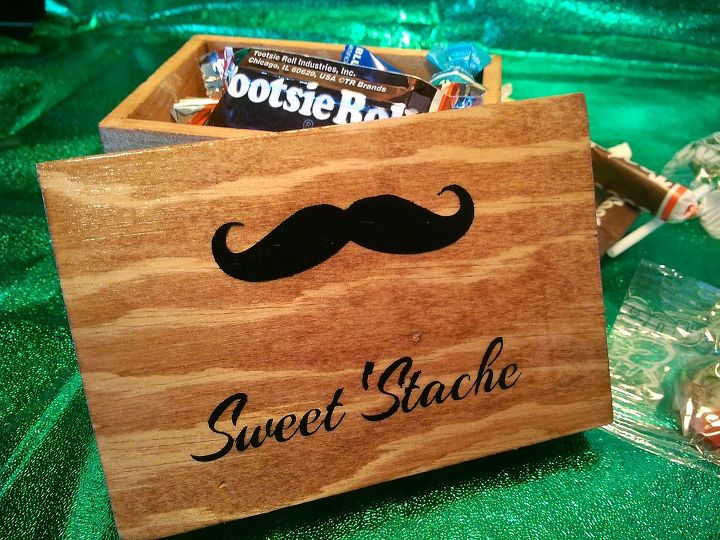 decorated wooden boxes, crafts, repurposing upcycling, My son had this idea for a mustache box I also bought some mustache printed burlap to recover a floor lamp for him